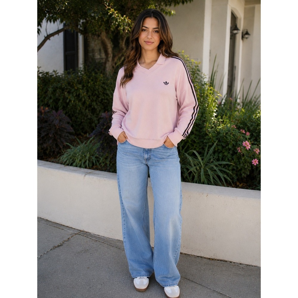 Adidas Velour Sweatshirt Small Pink Collared V-Neck 3 Stripe Logo Athleisure Y2K